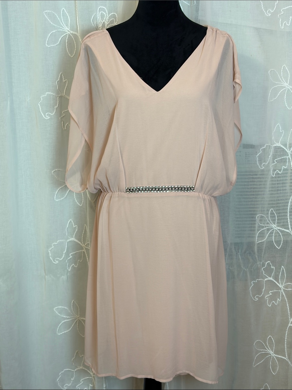 Artisan Blush Pink V-Neck Mini Dress with Rhinestone Waist L NWOT